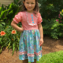 Load image into Gallery viewer, Pretty in Paisley Coral &amp; Blue Ruffle Trim Dress

