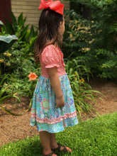 Load image into Gallery viewer, Pretty in Paisley Coral &amp; Blue Ruffle Trim Dress

