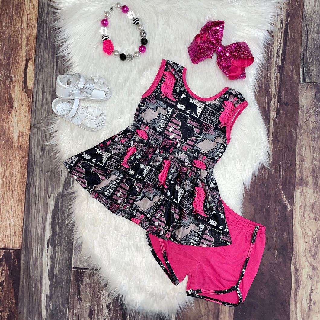 Neon Dinosaur Printed Peplum and Shorties Set