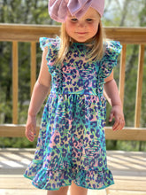 Load image into Gallery viewer, Teal and Pink Leopard Ruffle Sleeveless Dress
