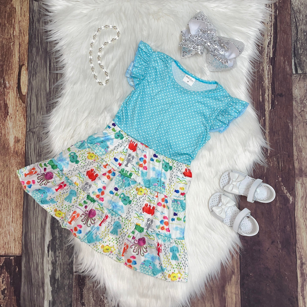 Sea Life Printed Tiered Dress
