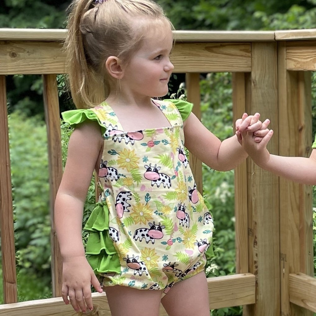Floral Farm Cow Printed Ruffle Bubble Romper