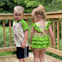 Load image into Gallery viewer, Floral Farm Cow Printed Ruffle Bubble Romper
