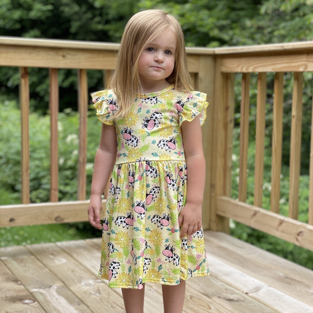 Floral Farm Cow Printed Mid Twirl Dress