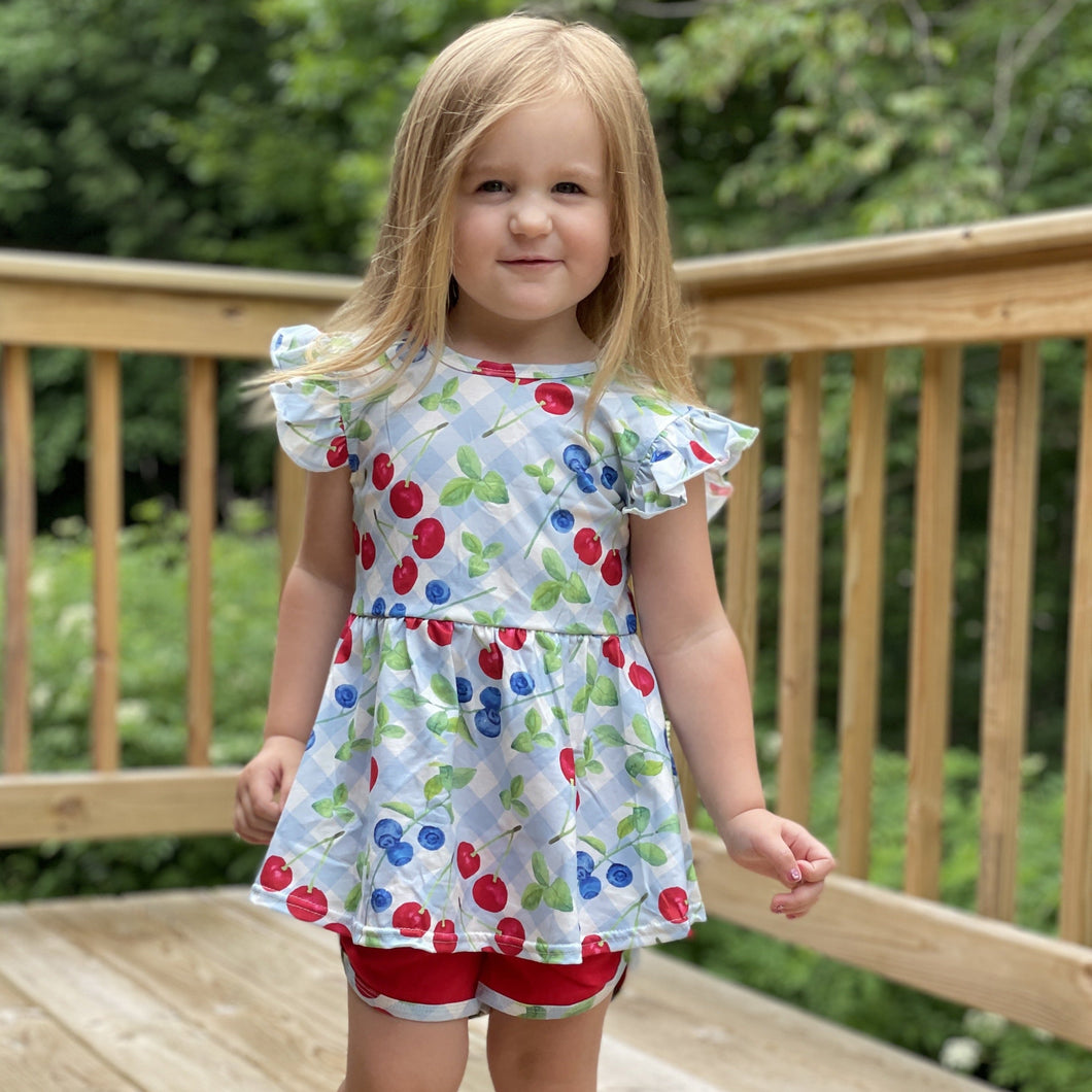 Blueberry & Cherry Print Flutter Sleeve Peplum & Shorties