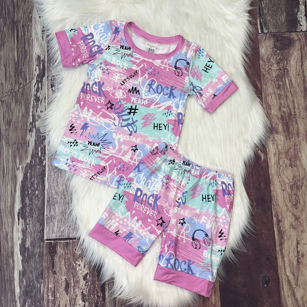 Rock Print Top & Shorts Pajama Set
