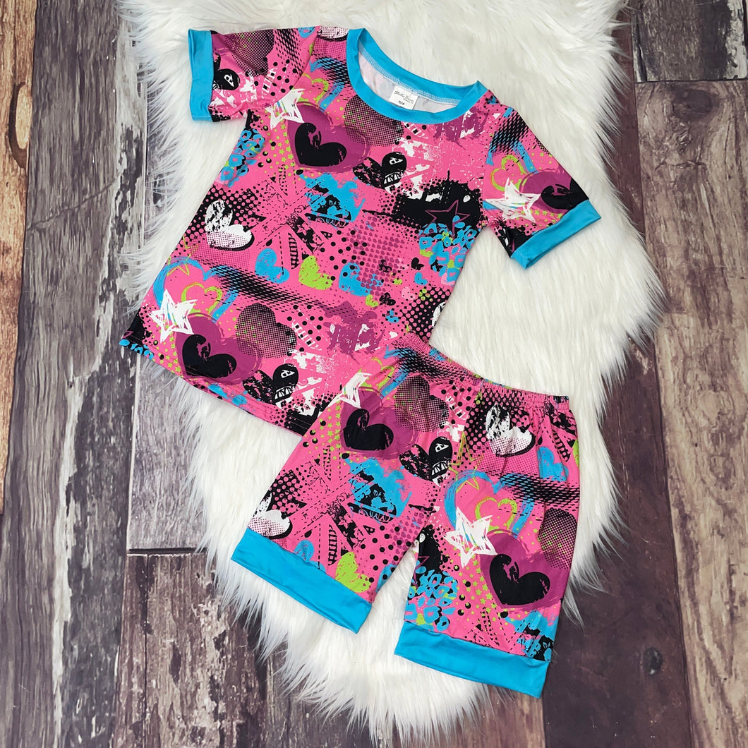 Hearts Print Top & Shorts Pajama Set