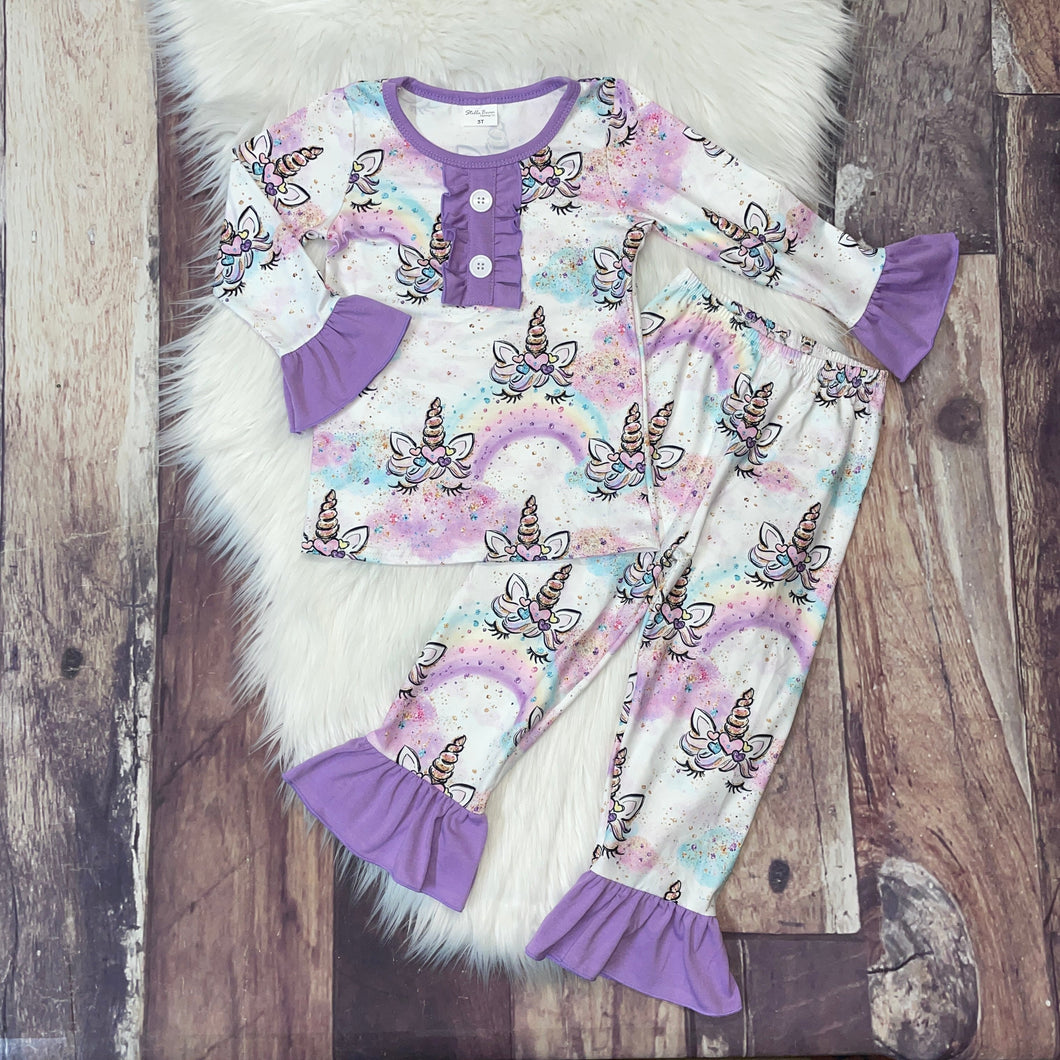 Purple Unicorn Character Ruffle Loungewear Set