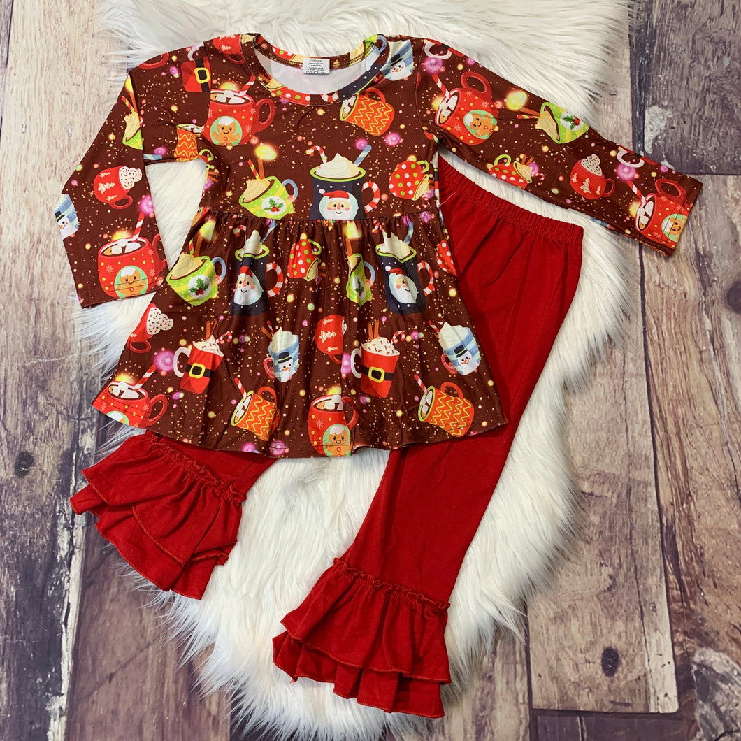 Hot Cocoa Printed Ruffle Girl's Pants Set
