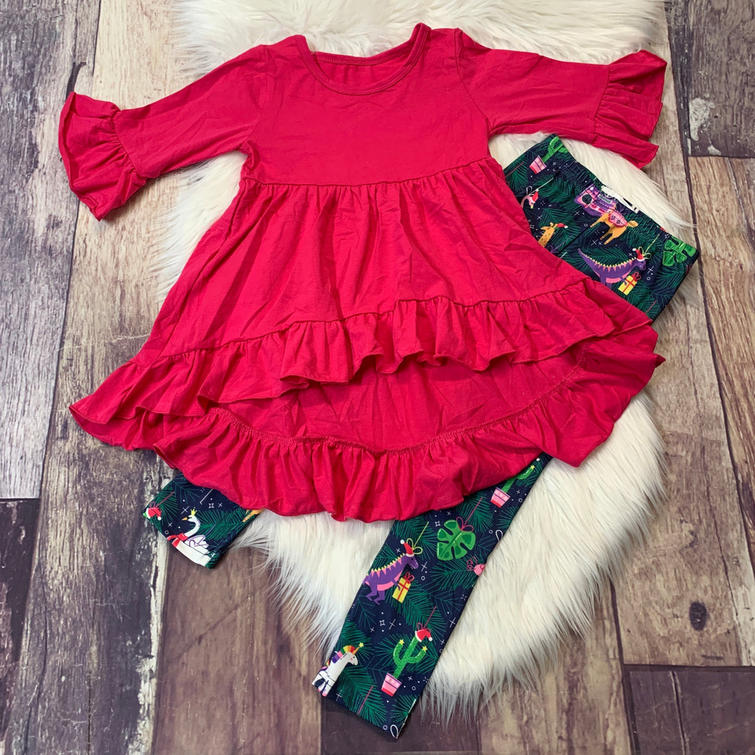 Hot Pink Knit Cotton High Low Top & Leggings Set