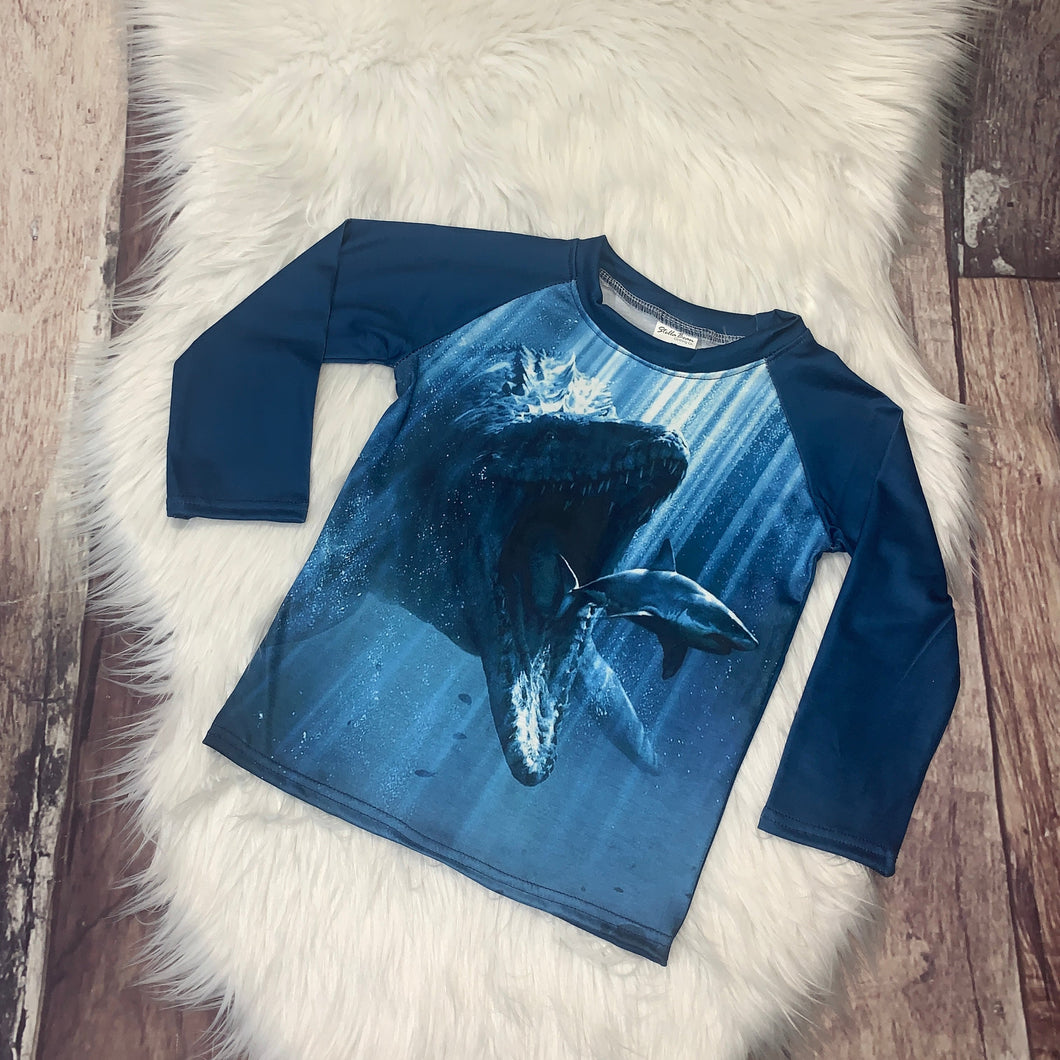 Printed Long Sleeve Dino Raglan - Aqua