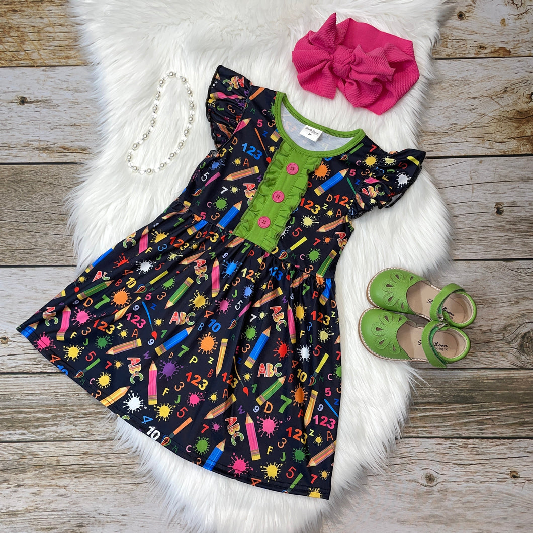Back to School Neon Pencils Flutter Sleeve Dress