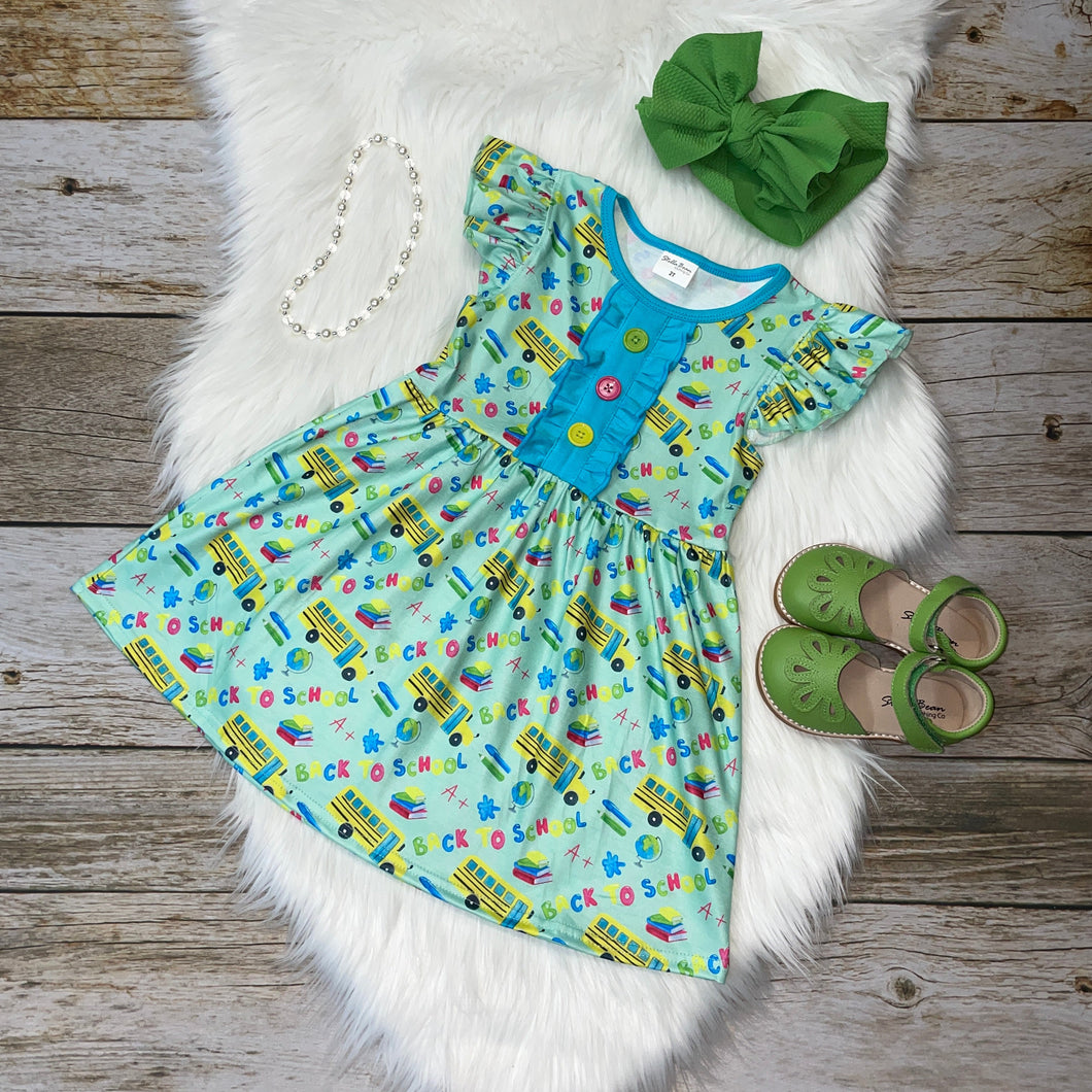 Back to School Yellow Bus Flutter Sleeve Dress