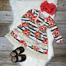 Load image into Gallery viewer, Coral &amp; Black Floral Stripe Lace Trimmed Long Sleeve Dress
