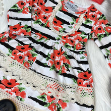 Load image into Gallery viewer, Coral &amp; Black Floral Stripe Lace Trimmed Long Sleeve Dress
