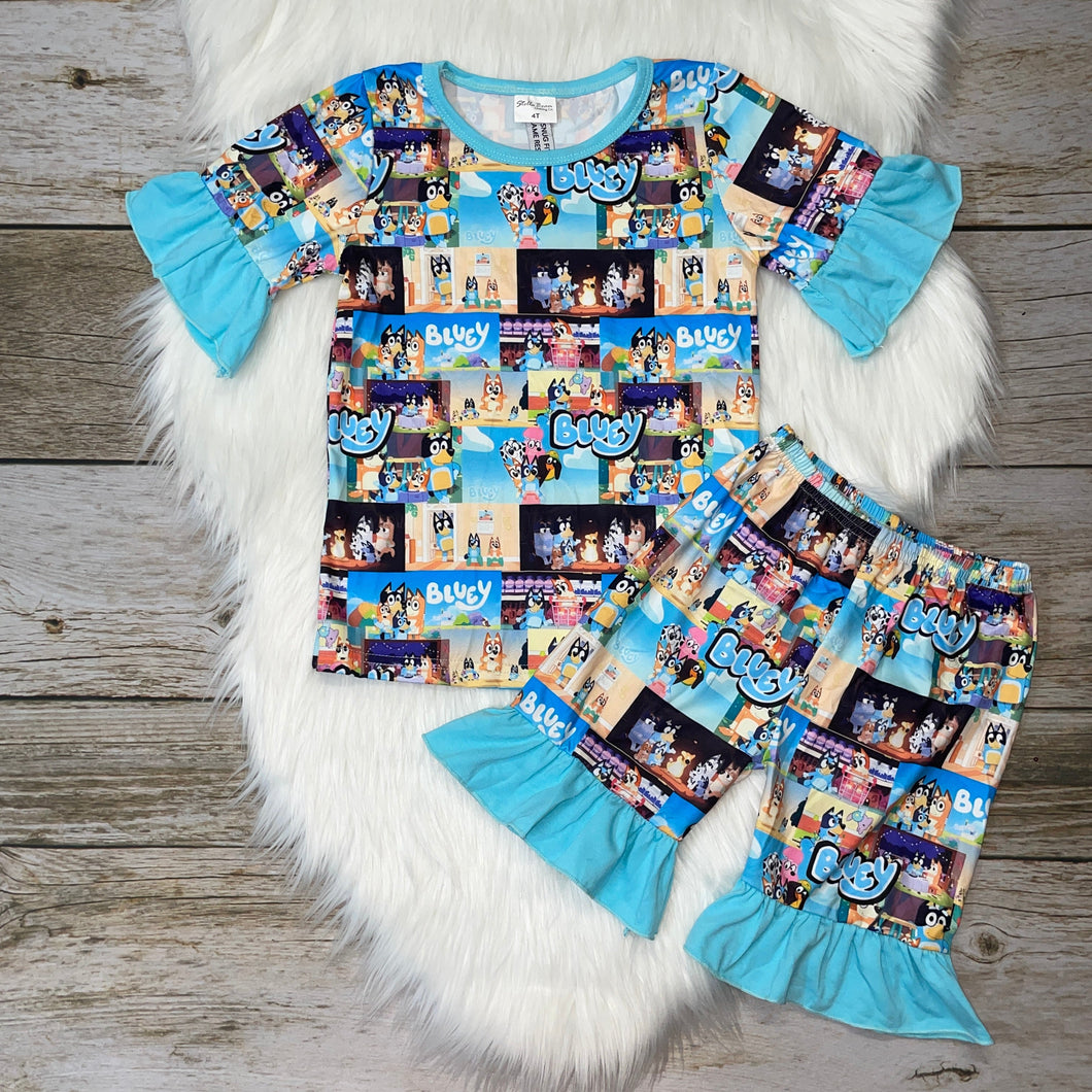 Blue Dog Ruffle Short Sleeve Loungewear Set