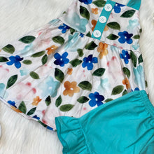 Load image into Gallery viewer, Aqua and Blue Floral Halter Tunic Top and Ruffle Shorts
