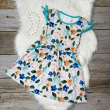 Load image into Gallery viewer, Aqua and Blue Floral Cap Sleeve Dress
