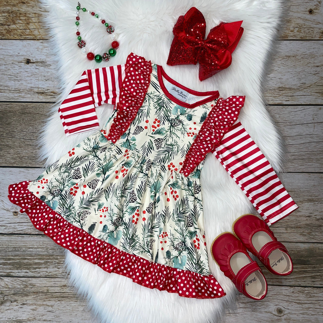 Red & Green Mistletoe Print Long Sleeve Dress