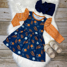 Load image into Gallery viewer, Blue &amp; Gold Fall Foliage Print Long Sleeve Dress
