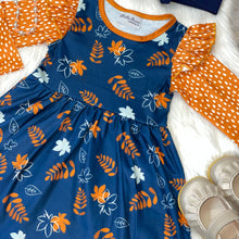 Load image into Gallery viewer, Blue &amp; Gold Fall Foliage Print Long Sleeve Dress
