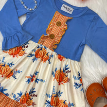 Load image into Gallery viewer, Light Blue &amp; Orange Pumpkin Print Long Sleeve Dress
