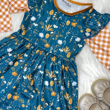 Load image into Gallery viewer, Blue &amp; Gold Floral Long Sleeve Dress
