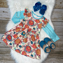 Load image into Gallery viewer, Coral &amp; Aqua Floral Flutter Sleeve Dress with Polka Dot Sleeves
