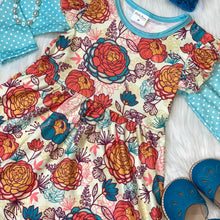 Load image into Gallery viewer, Coral &amp; Aqua Floral Flutter Sleeve Dress with Polka Dot Sleeves

