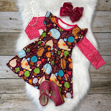 Load image into Gallery viewer, Pink &amp; Plum Woodland Flutter Sleeve Dress with Polka Dot Sleeves
