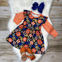 Load image into Gallery viewer, Orange &amp; Blue Floral Flutter Sleeve Dress with Polka Dot Sleeves
