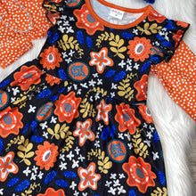 Load image into Gallery viewer, Orange &amp; Blue Floral Flutter Sleeve Dress with Polka Dot Sleeves
