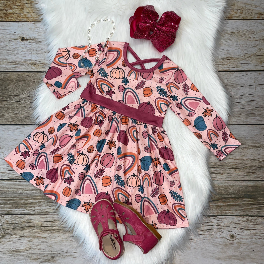 Fall Rainbows & Pumpkins CrissCross Long Sleeve Dress
