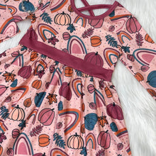 Load image into Gallery viewer, Fall Rainbows &amp; Pumpkins CrissCross Long Sleeve Dress
