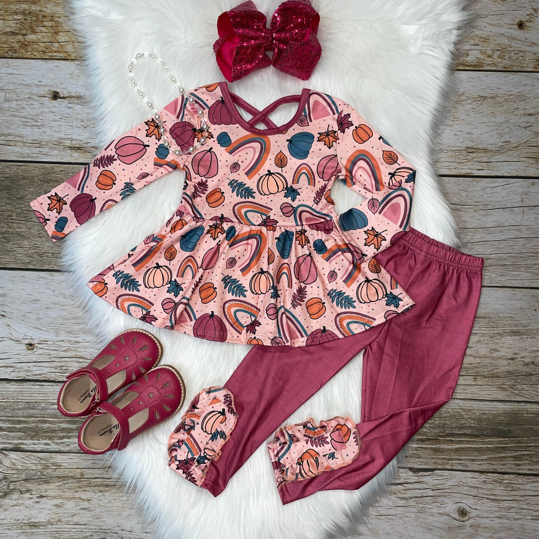 Fall Rainbows & Pumpkins CrissCross Peplum & Leggings Set