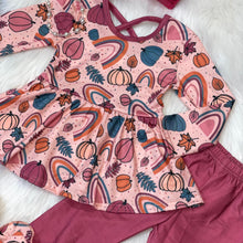 Load image into Gallery viewer, Fall Rainbows &amp; Pumpkins CrissCross Peplum &amp; Leggings Set
