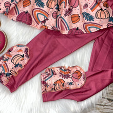 Load image into Gallery viewer, Fall Rainbows &amp; Pumpkins CrissCross Peplum &amp; Leggings Set
