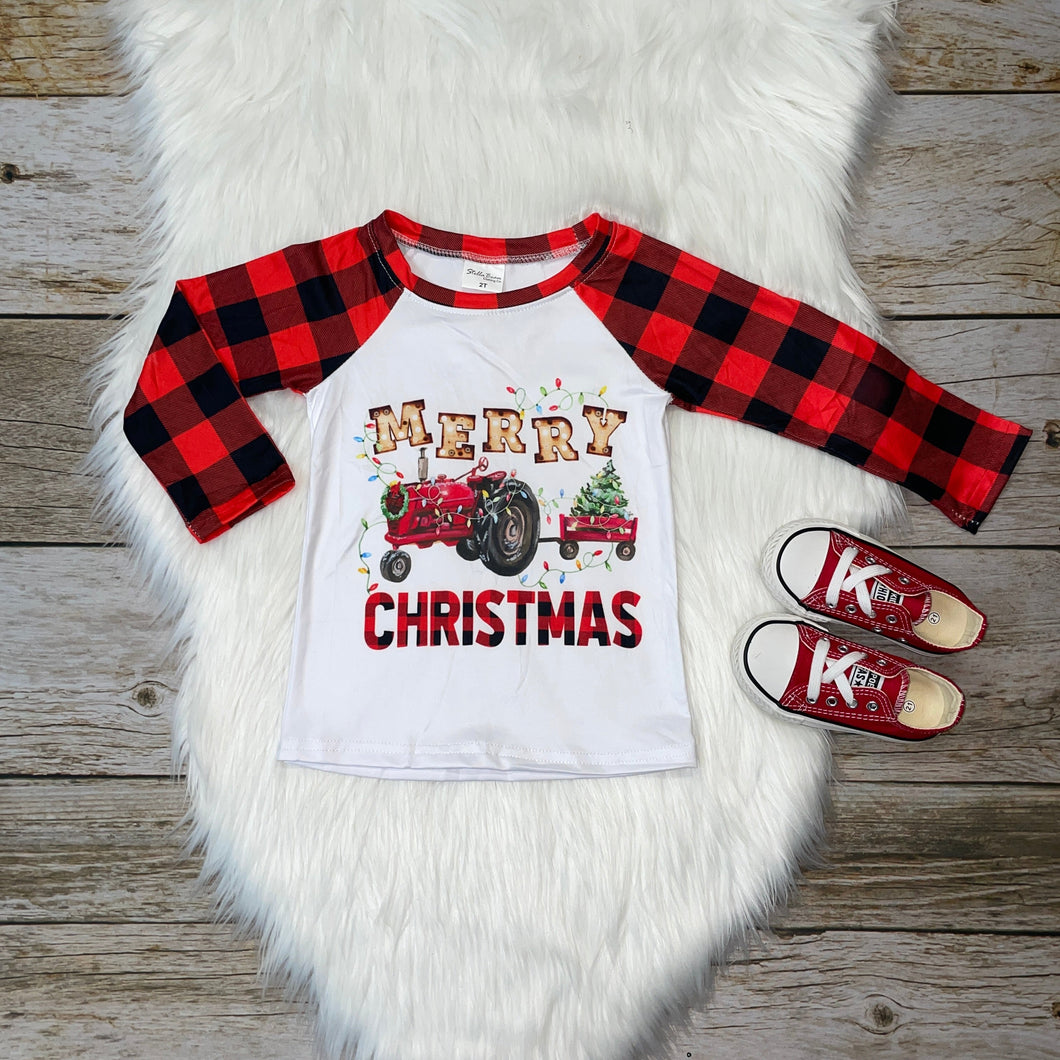 Merry Christmas Tractors Buffalo Plaid Raglan