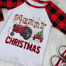 Load image into Gallery viewer, Merry Christmas Tractors Buffalo Plaid Raglan
