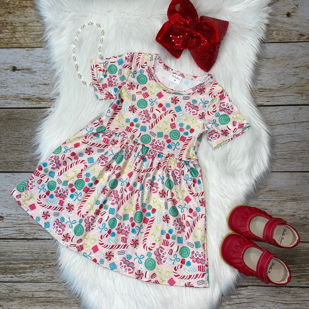 Pink Peppermint Candies Printed Short Sleeve Dress