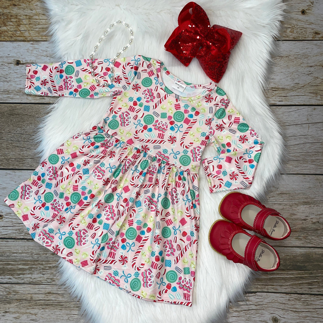 Pink Peppermint Candies Printed Long Sleeve Dress