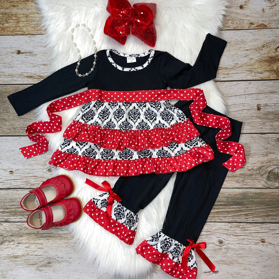 Red & Black Damask Print Belted Tunic with Ruffle Pant