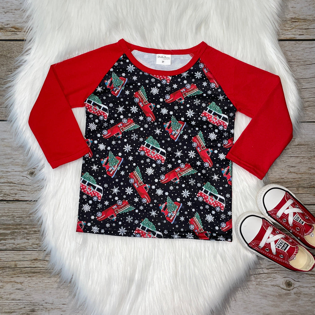Black & Red Christmas Trucks Printed Long Sleeve Raglan