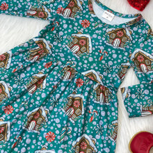 Load image into Gallery viewer, Teal Gingerbread House &amp; Peppermints Printed Long Sleeve Dress
