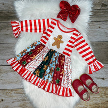 Load image into Gallery viewer, Red &amp; White Gingerbread Cookie Panel Long Sleeve Dress
