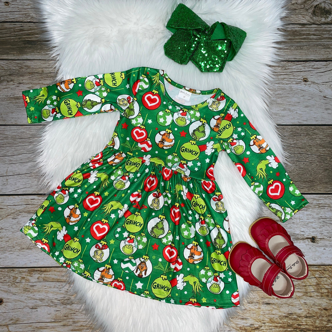 Green Gr!nch Christmas Ornament Printed Long Sleeve Dress