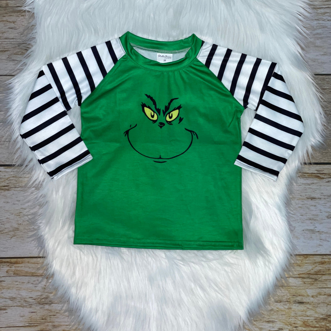 Green Gr!nch Face Stripe Sleeve Raglan