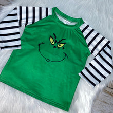 Load image into Gallery viewer, Green Gr!nch Face Stripe Sleeve Raglan
