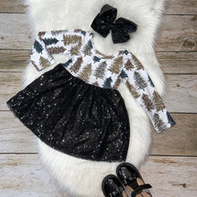 Load image into Gallery viewer, Black Sequin Holiday Dress with Leopard Tree Print Bodice
