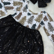 Load image into Gallery viewer, Black Sequin Holiday Dress with Leopard Tree Print Bodice
